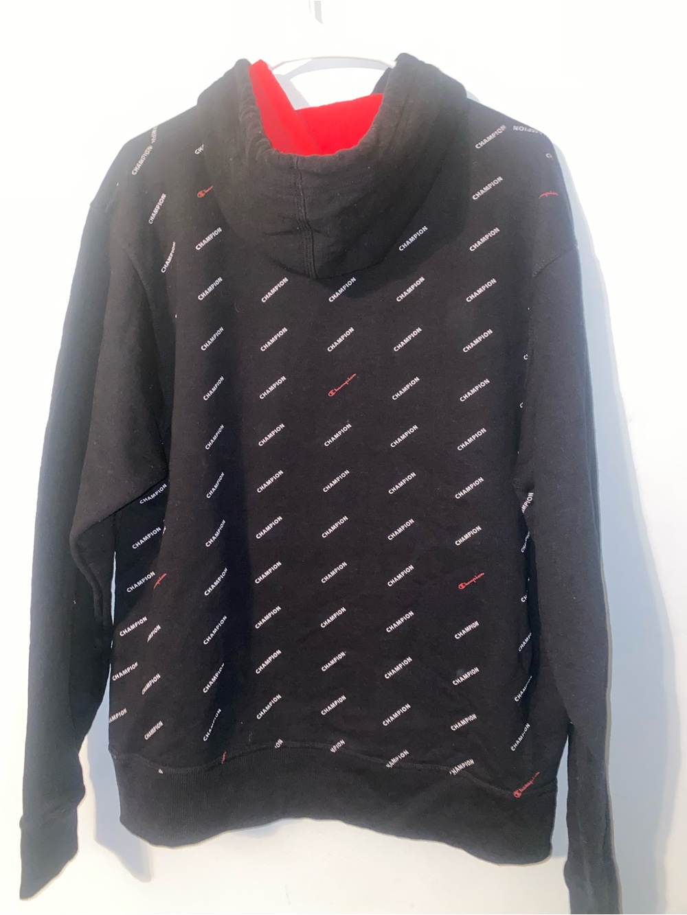 Champion Red-Lined Black Hoodie with Logo Tag